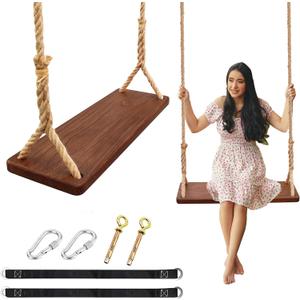 Wooden Swing, 24"x 8"x 1.2,500lbs,Wooden Tree Swing Adjustable Hemp Rope & Extension Tree Straps 100 inch (Nostalgic)