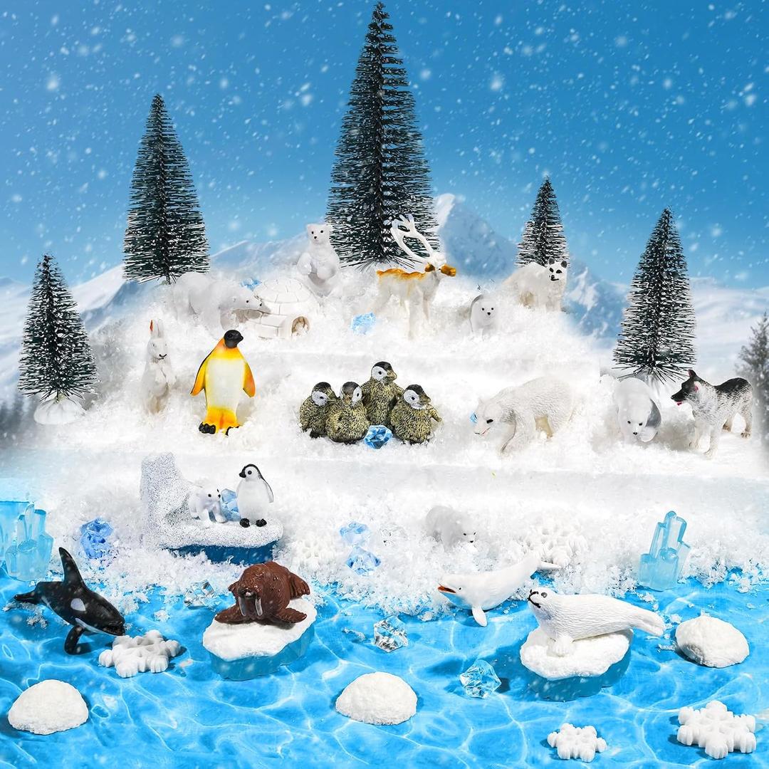 Warmtree 46 Pcs Arctic Animals Figurines Set Includes 22 Polar Bear Penguin Animals Figurines 6 Mini Pine Trees 18 Artificial Iceberg Fake Snow Ripple Water Sticker Ocean Habitat Diorama Supplies