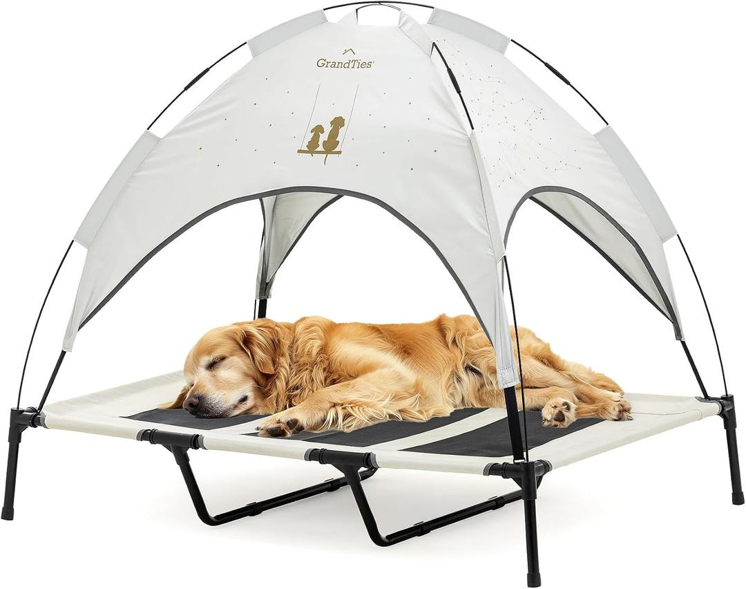 GrandTies Cooling Elevated Dog Bed with Canopy XL Portable Pet Cot for Outdoor & Indoor Use Waterproof Removable Shade, Breathable Mesh, Slip-Resistant Feet, Easy Assembly Ivory White