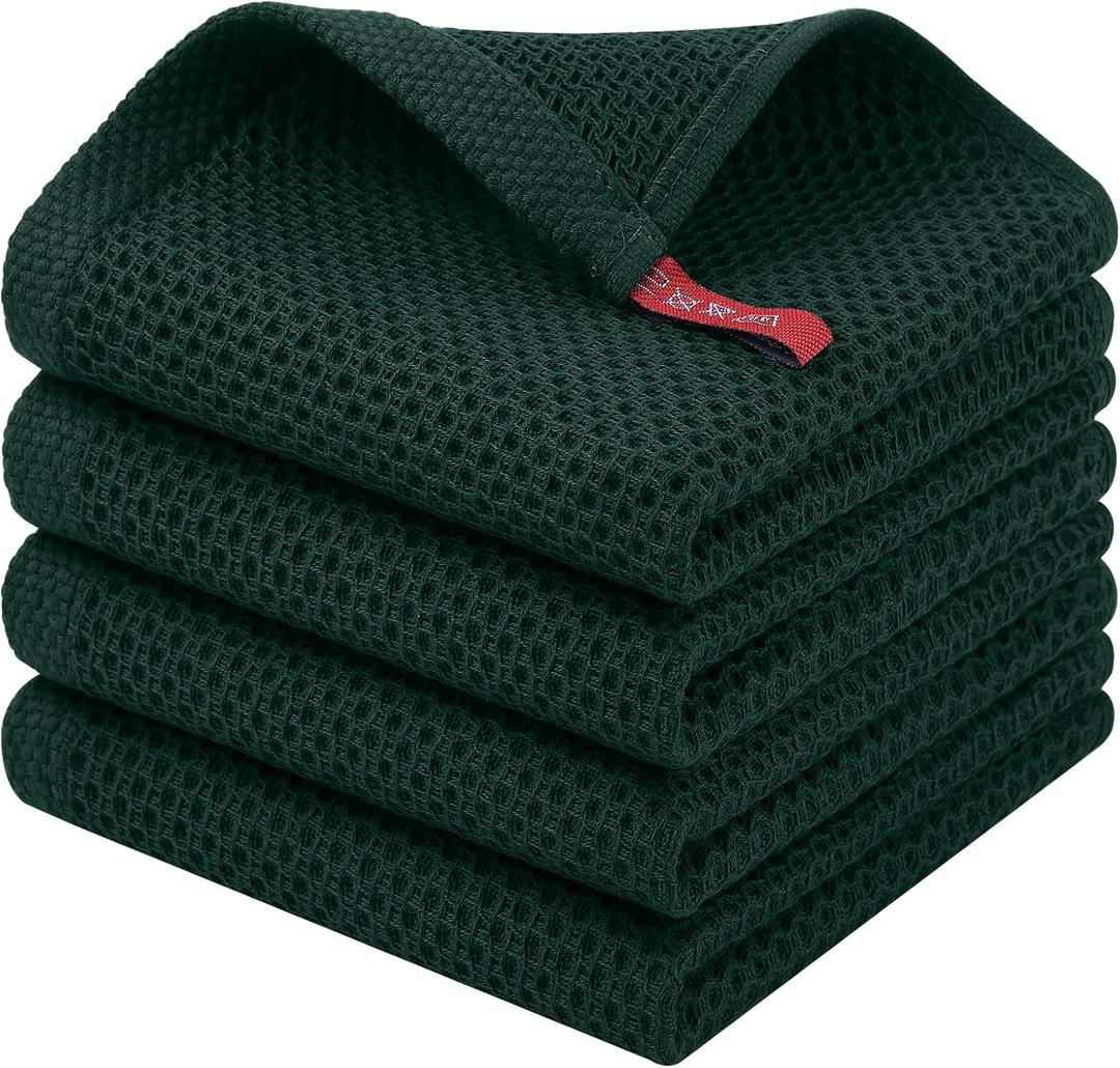 Homaxy 100% Cotton Waffle Weave Kitchen Dish Cloths, 4-Pack Ultra Soft Absorbent Dish Towels, Quick Drying Dish Rags, 12 x 12 Inches, Blackish Green