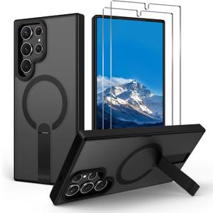 for S22-Ultra Case: with 2 PCS Screen Protector for Galaxy S22 Ultra Case, Strong Magnetic Compatible with MagSafe, Built-in Stand, Matte Translucent Case for Samsung Galaxy S22 Ultra, Black