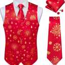 DiBanGu Mens Christmas Suit Vest and Tie Set for Men Waistcoats and Necktie Pocket Square Set for Prom Party S-3XL (Red Gold)