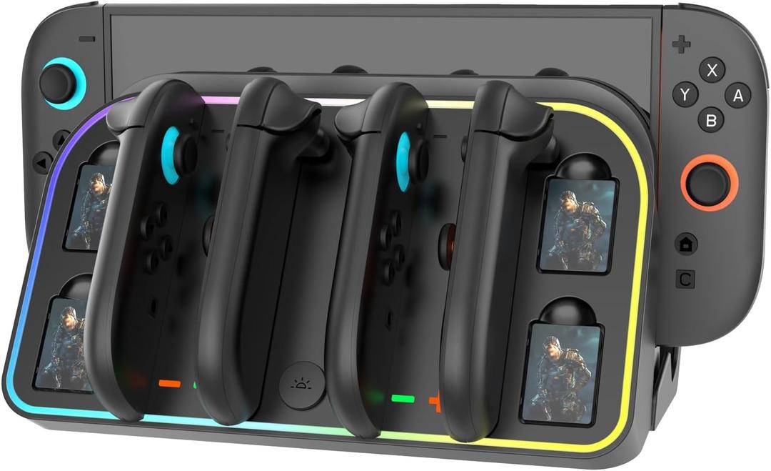 Wall Mount Charging Dock Station for Nintendo Switch 2,Controller Charging Dock Base with 7 RGB Light Modes and LED Charging Indicator,4 Game Card Slots, Black