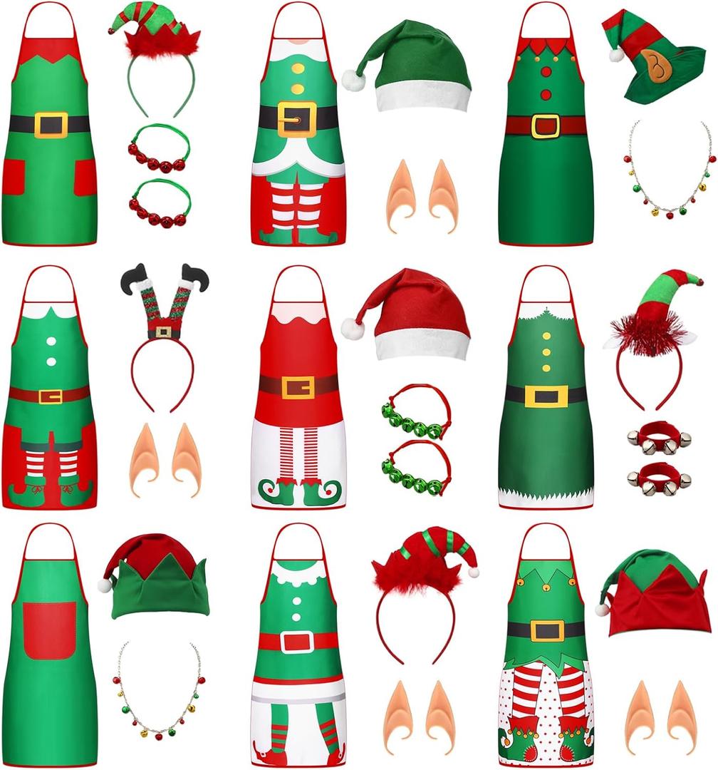 Civaner 9 Sets Christmas Apron Costume Accessories for Women Xmas Party Favor Photos Booth Props Elf Hats Headbands