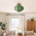 Milk Glass Ceiling Light Fixture - Farmhouse Antique Brass Semi Flush Mount Ceiling Light for Kitchen, Hallway, and Bedroom (Green 15 inch)