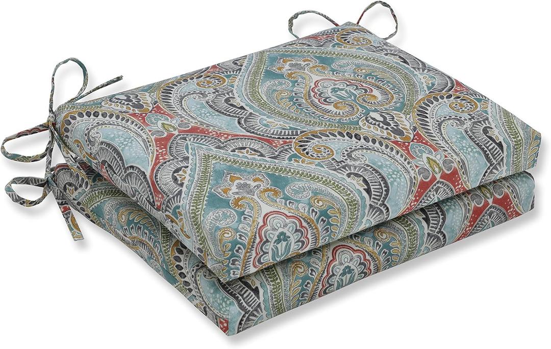 Pillow Perfect Paisley Indoor/Outdoor Square Corner Chair Seat Cushion with Ties, Plush Fiber Fill, Weather, and Fade Resistant, 16" x 18.5", Blue/Multi Pretty, 2 Count