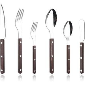Rivet ABS Faux Wood Handle Silverware Set - 6-Piece Stainless Steel Flatware with Steak Knife, Fork, Spoon, Teaspoon, Dessert Fork and Butter Knife - Elegant Tableware Cutlery for Dining (Brown)