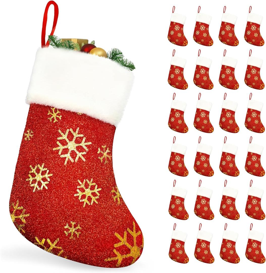 SYITCUN 24pcs Mini Christmas Stockings, 9 Christmas Stockings Bulk with Golden Snowflakes, Red Small Stockings with Sparkling Surface, Perfect for Xmas Fireplace Staircase Decoration