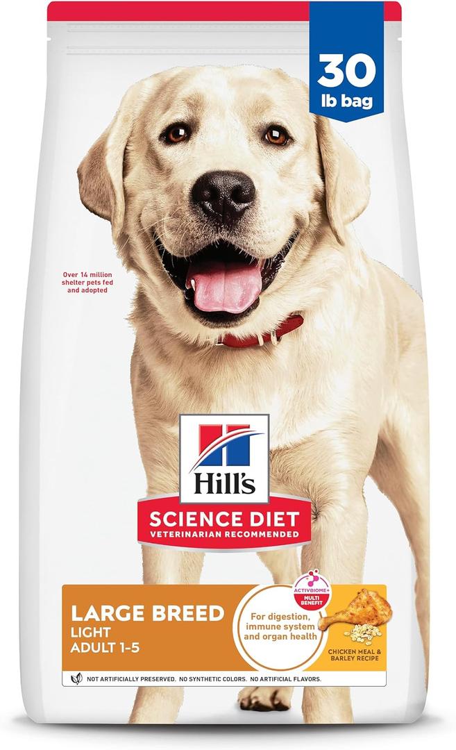 Hill's Science Diet Large Breed Light Adult Dry Dog Food 1-5, Quality Protein for Weight Management Support, Chicken & Barley, 30 lb. Bag (EXP 09/18/26)