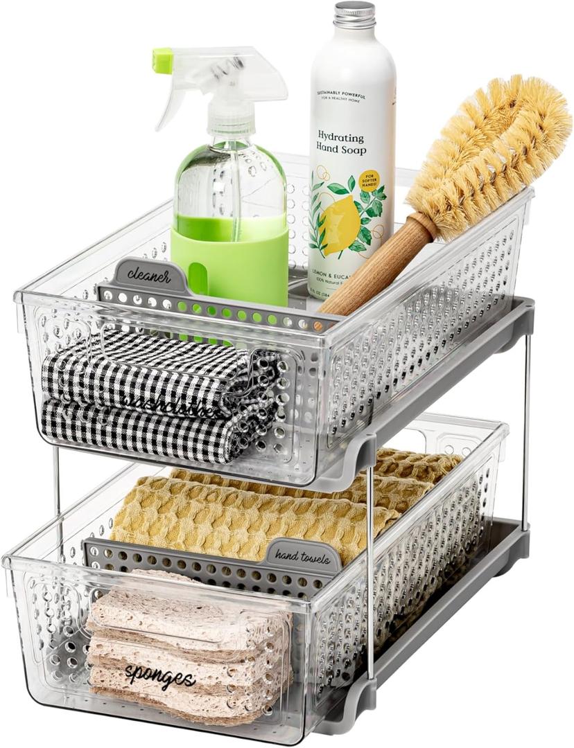 madesmart 2 Tier Organizer, Under Cabinet Storage with Pull Out Sliding Drawers, for Cleaning Supplies, Undersink, Sponges, Bottles & Bath, Adjustable Dividers & Pull Out Baskets, Grey (1-Pack)