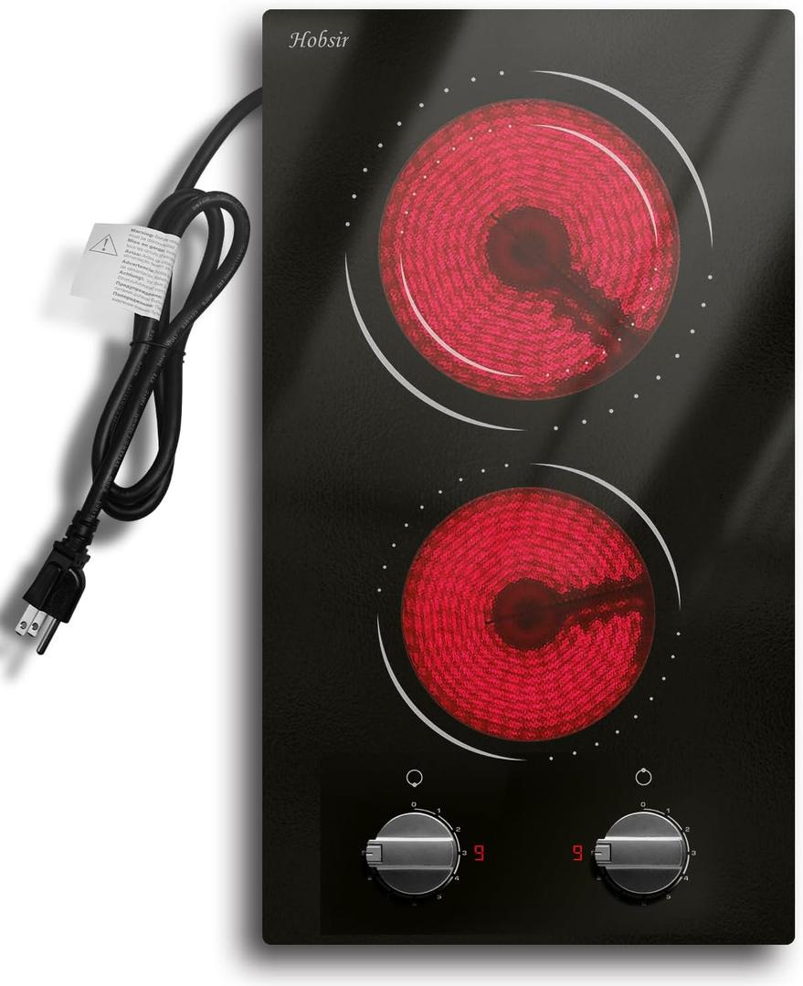 Hobsir 2 Burner Electric Cooktop, 110v Electric Stove Top Burner 12 inch Knob Control Countertop & Built-in Radiant Electrics Stove with Residual Heat Indicator, Over-Temperature Protection