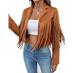 Women's Faux Suede Leather Tassel Jackets With Lining Cropped Fringe Coats For Women 2025 Fall Fashion Must Haves (Tan), Small