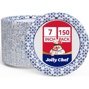 JOLLY CHEF 7 inch Disposable Paper Plates 150 Count, Soak Proof, Cut Proof, Heavy Duty Paper Plates for Everyday Use