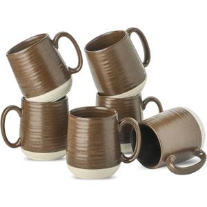 Hasense Coffee Cups Set of 6, 15 oz Stoneware Coffee Mugs with Big Handles, Modern Tea Cup for Indoor and Outdoor for Cocoa, Milk, Tea, Hot Chocolate, Soup, Valentine's Day Gifts, Brown