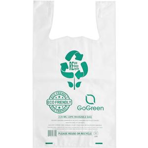 200 Count - Biodegradable & Reusable T-Shirt Shopping Bags with Handles  Extra Heavy Duty 57 Micron (2.25 mil) White Colour, Retail, Food Trucks & Restaurant Bags, 11.5" x 6.5" x 21" Eco Friendly