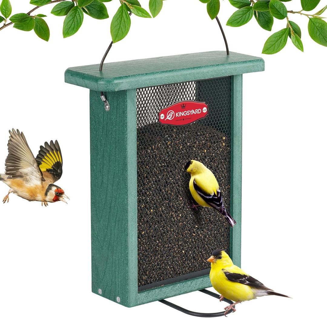 Kingsyard Metal Mesh Bird Feeder for Outdoors Hanging, Finch Feeder for Nyjer/Thistle, Sliding Mesh & Builtin Perch, Recycled Plastic, Green