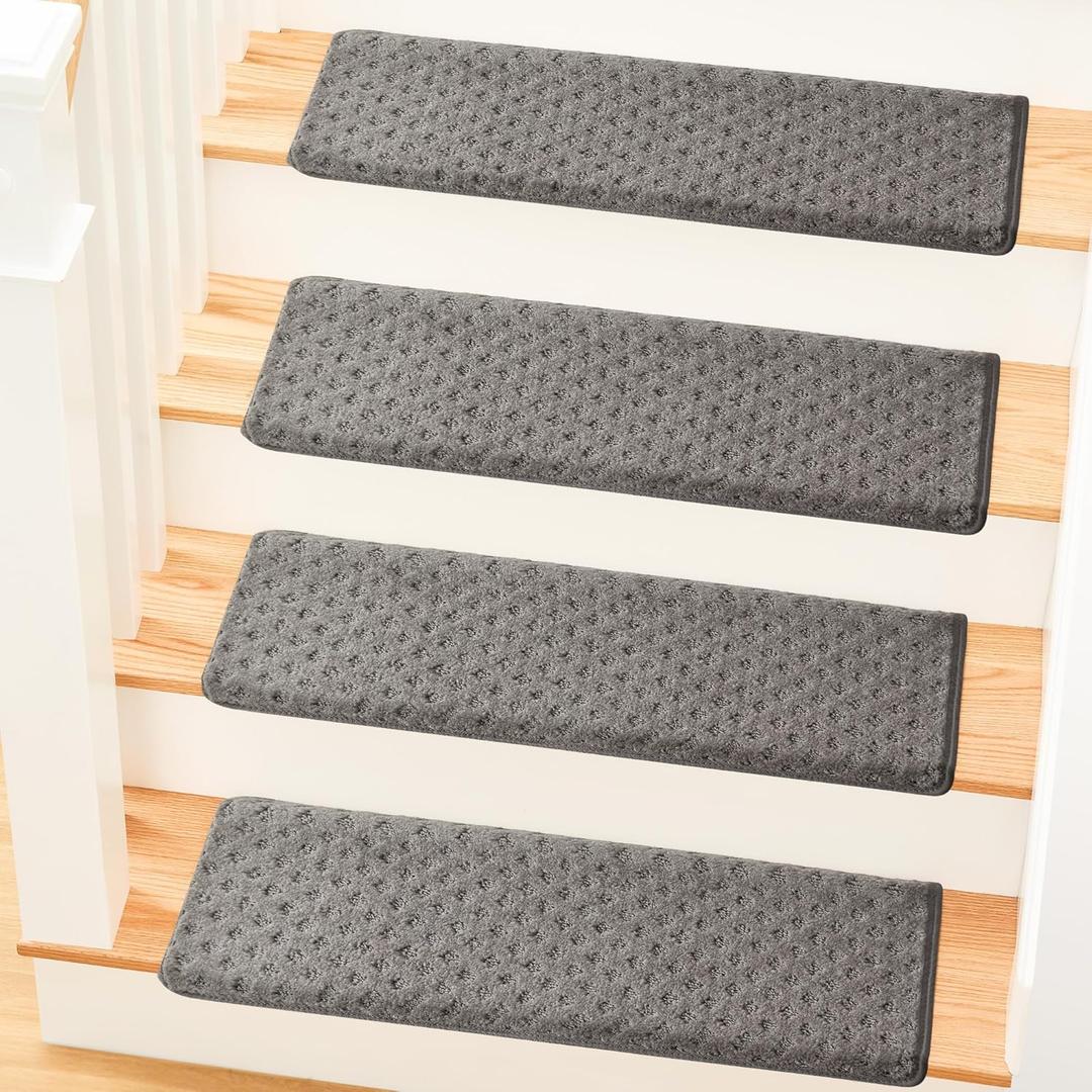 MBIGM Bullnose Carpet Stair Treads Non Slip Stair Mats for Wooden Stairs (14, Dark Grey - Lattice, 9.5" x 30")