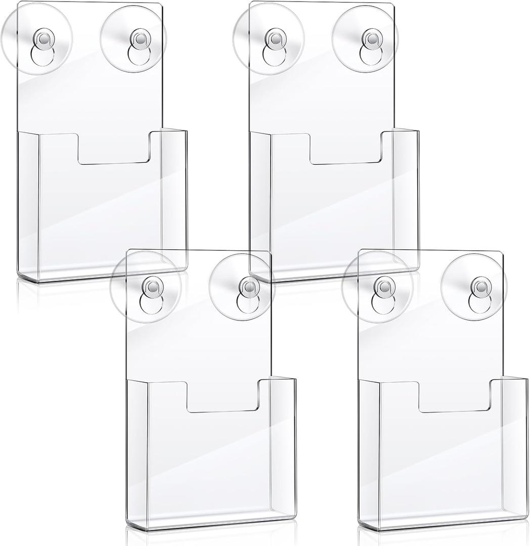 Booson 4 Pack Acrylic Brochure Holder Wall Mount with Suction Cups 7.4 x 4.2 Inch Window Clear Plastic Pamphlet holder Flyer Display Rack for Office Shop Retail Store Sticker Window