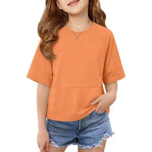 Girls Shirts Kids Raglan Short Sleeve T Shirts Summer Crewneck Oversized Crop Top Basic Tees 5-14Y (Orange)