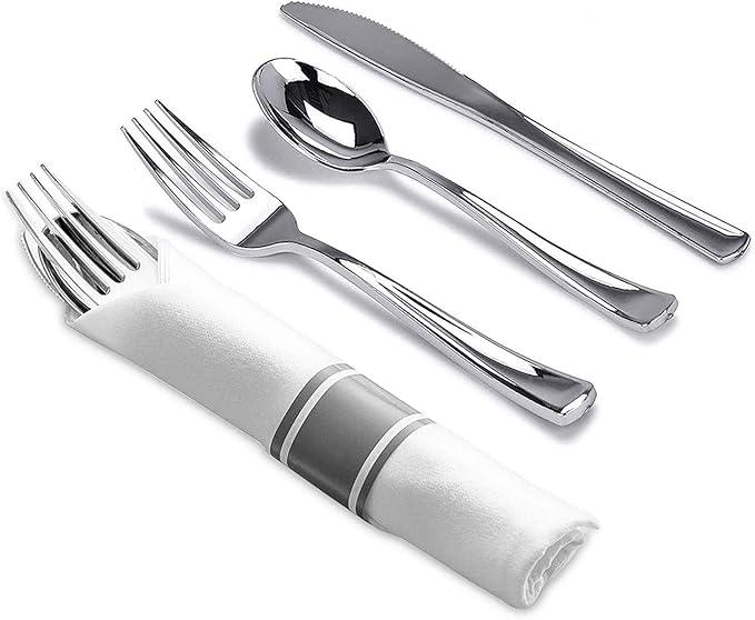 Tiger Chef Pre-Rolled Napkin and Cutlery Set - White Napkins and Silver Heavy-Weight Plastic Silverware with Napkin Band Set - 110-Pack