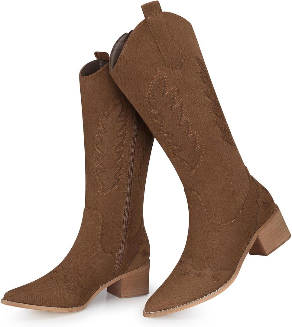 SHIBEVER Suede Knee High Cowboy Boots for Women Comfortable Tall Cowgirl Boots Zipper Low Heel Fall Winter Western Booties (Brown)