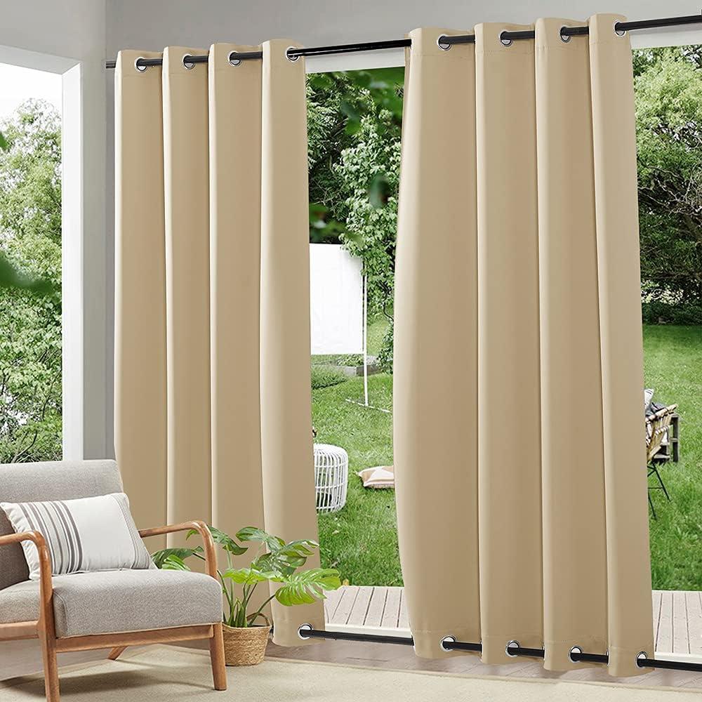 RYB HOME 2 Panels Windproof Outdoor Curtains - Weighted Blackout Waterproof Drapes Thermal Insulated Privacy Draperies for Pergola Porch Sliding Door, Biscotti Beige, Wide 52 x Long 108