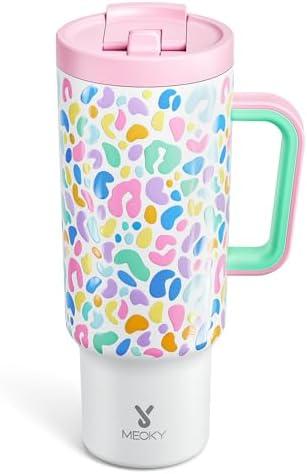 Meoky 40 oz Tumbler with Handle and Flip Straw, 100% Leakproof Tumbler with Lid and Straw, Stainless Steel Insulated Cup, Cupholder Friendly, Keeps Cold for 34 Hours (Leopard)