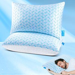 QUTOOL Firm Pillow Shredded Memory Foam(Adjustable Loft),Cooling Supportive Side Sleeper Pillows for Sleeping Queen Size Set of 2, Gifts for Dad Men, Washable Removable Cover, CertiPUR-US Certified