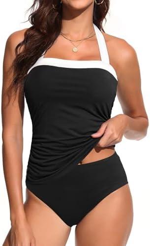 Womens  Bikini 1 Piece Tankini Swimsuit Tummy Control Bathing Suits Slim Halter Swimwear with High Waisted Bottom