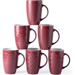 AmorArc Extra Large Coffee Mugs Set of 6, 20oz Ceramic Tall Coffee Mugs with Textured Geometric Patterns for Latte/Tea/Beer/Hot Cocoa, Dishwasher & Microwave Safe, Burgundy