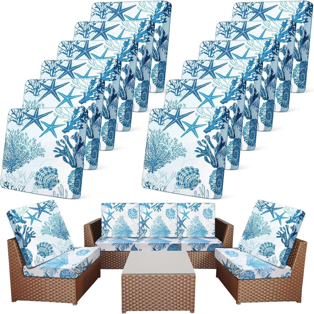 Newwiee 12 Pcs Patio Cushion Covers Outdoor Stretch Sofa Couch Cover Replacement Couch Slipcover Sofa Seat Chair Porch Patio Furniture Protector, Flexibility Washable(Light Blue,Ocean)