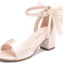 LAURMOSA Girls High Heels with Bow on Back Girls Sandals Open Toe Ankle Buckle Strap Dress Shoes for Little Big Kids Wedding Party (Beige), Size: 1 Big Kid