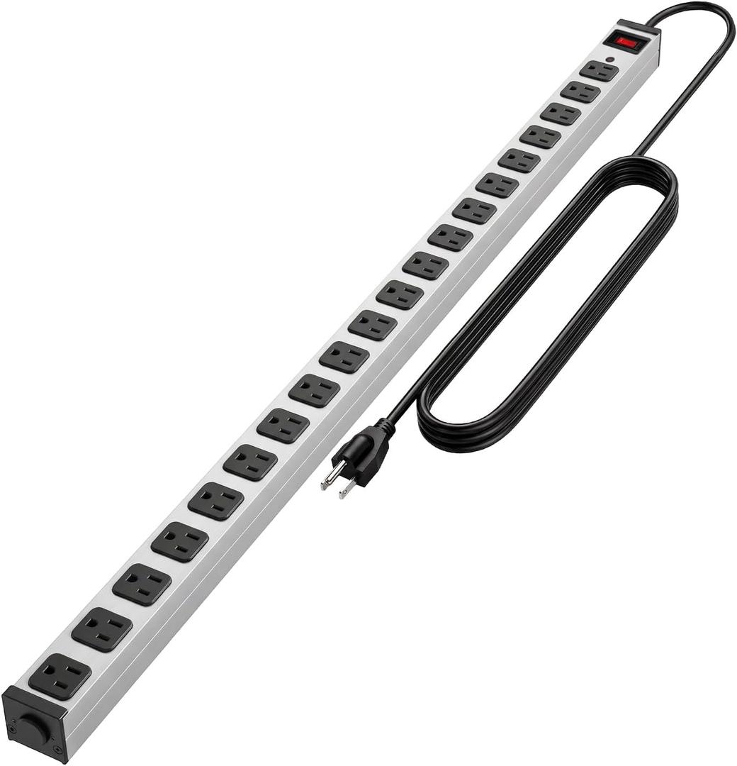 Long Metal 20 Outlet Wide Spaced Garage Industrial Heavy Duty 15 Ft Extension Cord Power Strip 15A, 125V, 1875W Silver&Black