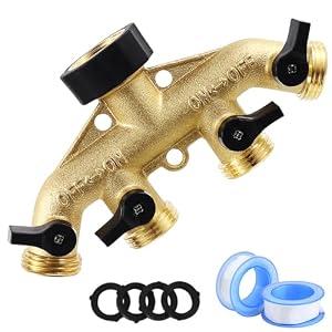 4 Way Brass Garden Hose Splitter Heavy Duty Garden Tap Hose Adapter Nozzle Switcher Connector with 4 Shut-Off Valves for Garden Irrigation Watering (American Thread 3/4)