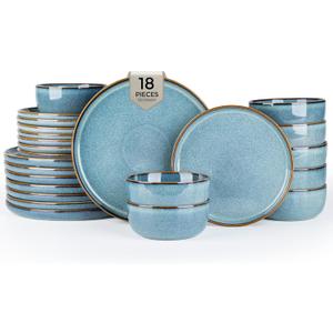 GBHOME Ceramic Dinnerware Sets for 6, 18 Pieces Stoneware Plates and Bowls Sets, Scratch Resistant Dishes, Dishwasher & Microwave Safe, Space Blue