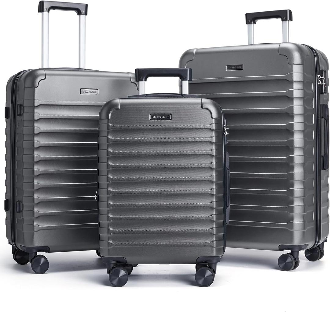 LIGHT FLIGHT Luggage Sets, 3 Piece Durable Suitcase Set with Spinner Wheels, 3 Pcs Hardside Lightweight luggage with TSA Lock, Large Checked Travel Suitcases, 20/24/28 Inch, Gray