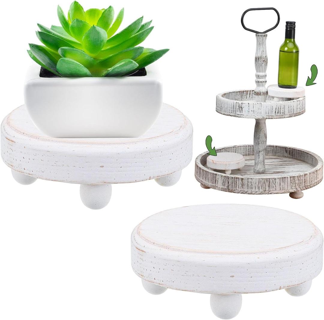 Blulu 2 Pieces 4 Inches Round Wooden Riser for Decor Vintage Plant Risers Mini Wood Risers Stackable Tiered Tray Decor Riser Stands Retro Food Display for Cake Party Food Collection Display