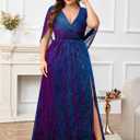 Plus Size Formal Maxi Dress Sparkly Cape Sleeve V Neck Side Split Wedding Guest Prom Evening Gown Gala (XXXL)