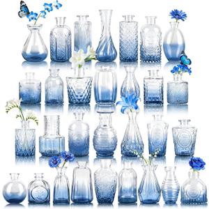 Der Rose Blue Glass Bud Vases Set of 30, Small Bud Vases for Flowers, Rustic Wedding Centerpieces and Home Decor