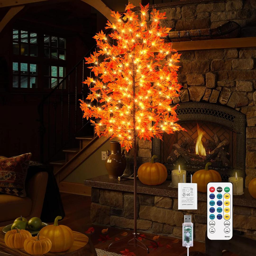 6FT 144LED Maple Tree Light - Thanksgiving Decor Artificial Tree with Pumpkins, Acorns, Remote 8 Flashing Modes, Timing, for Wedding Party Outdoor Fall Decor (Upgraded Silk-Screened Leaves)