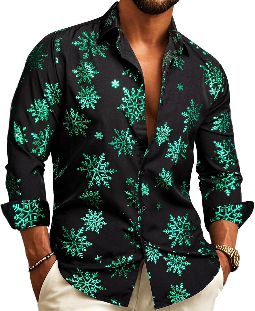 Barry.Wang Mens Christmas Shirts Xmas Holiday Party Button Down Dress Shirts Long Sleeve Snowflake Tree Shirt Halloween (Black, M)