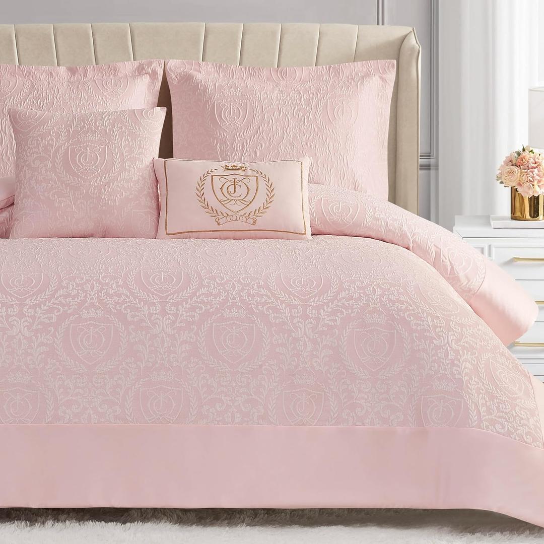 Juicy Couture Comforter Set, Dovona Design Bed Sheets, King Bedding, 5 Piece Set Includes 1 Comforter, 2 Shams and 2 Decorative Pillows, Wrinkle Resistant and Anti Pilling,Pink Blush