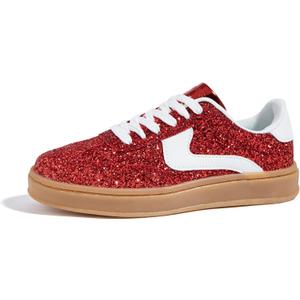 LUCKY STEP Women's Glitter Sneakers Fashion Retro Casual Sparkly Bling Shiny Dressy Bedazzled Bridal Wedding Anti Slip Walking Shoes (8.5, Red)
