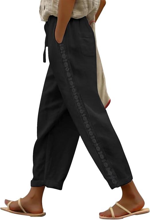 Puimentiua Women Linen Pants Lightweight Pants with Lace Side Summer Casual Beach Drawstring Elastic Waist Trousers (Large, Black) Puimentiua Women Linen Pants Lightweight Pants with Lace Side Summer Casual Beach Drawstring Elastic Waist Trousers (Large, Black)
