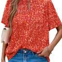 MASCOMODA Womens Tops Summer Boho Floral Short Sleeve Button Down Shirts Crewneck Loose Vacation Dressy Casual Work Blouses (Orange, S)