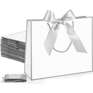 Silkfly 12 Pcs Thank You Gift Bags with Handle 12x10x4'' Welcome Elegant Gifts Bag with Bow Ribbon for Mother's Day Wedding Graduation Bridesmaid Baby Shower Birthday Housewarming (White,Silver)