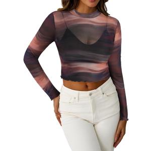 SOFIA'S CHOICE Women's Tie Dye Sheer Crop Tops Mesh Mock Neck Long Sleeve T Shirt Brown X-Large (Brown, XL)