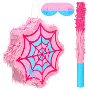 Pink Spider Pinata Spider Pinata with Blindfold Stick and Confetti Spiderweb Ghost Birthday Party Decoration Game Supply 12 x 12'', Small, Fillable for Candy and Treats