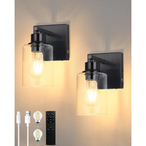 Battery Operated Wall Sconce Set of 2, Black Rechargeable Wall Lights with Timer Function, Easy Install Dimmable Wireless Wall Lamps Sconces Wall Decor for Living Room Bedroom Hallway, Emergency 3000K