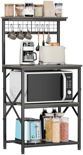 Furologee Kitchen Bakers Rack, Microwave Stand with Storage 4 Tiers, Coffee Bar Station with 6 S Hooks and Pegboard, Kitchen Shelves Rack for Spices, Pots, Black Oak